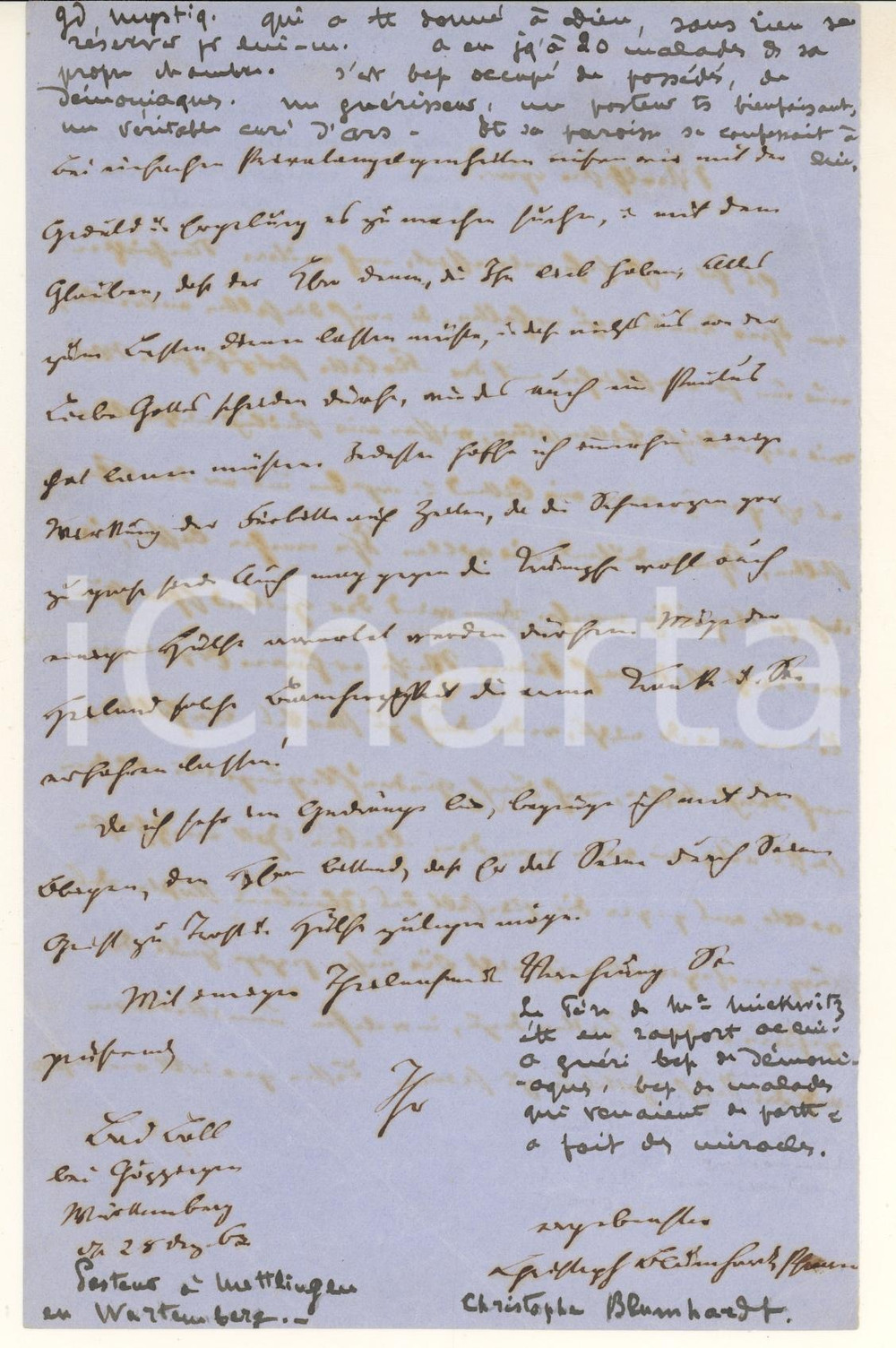 Autografo originale 1890 ca Lettera teologo Christoph Friedrich BLUMHARDT  AUTOGRAFO 1