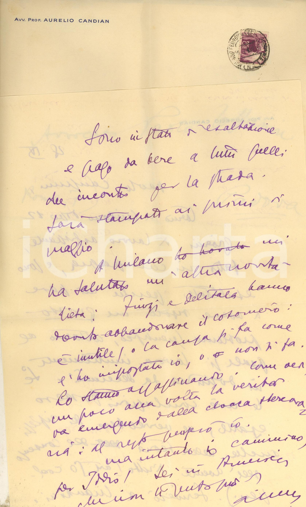 Autografo originale 1950 ca MILANO Lettera Aurelio CANDIAN studia la teoria del consenso Autografo 1
