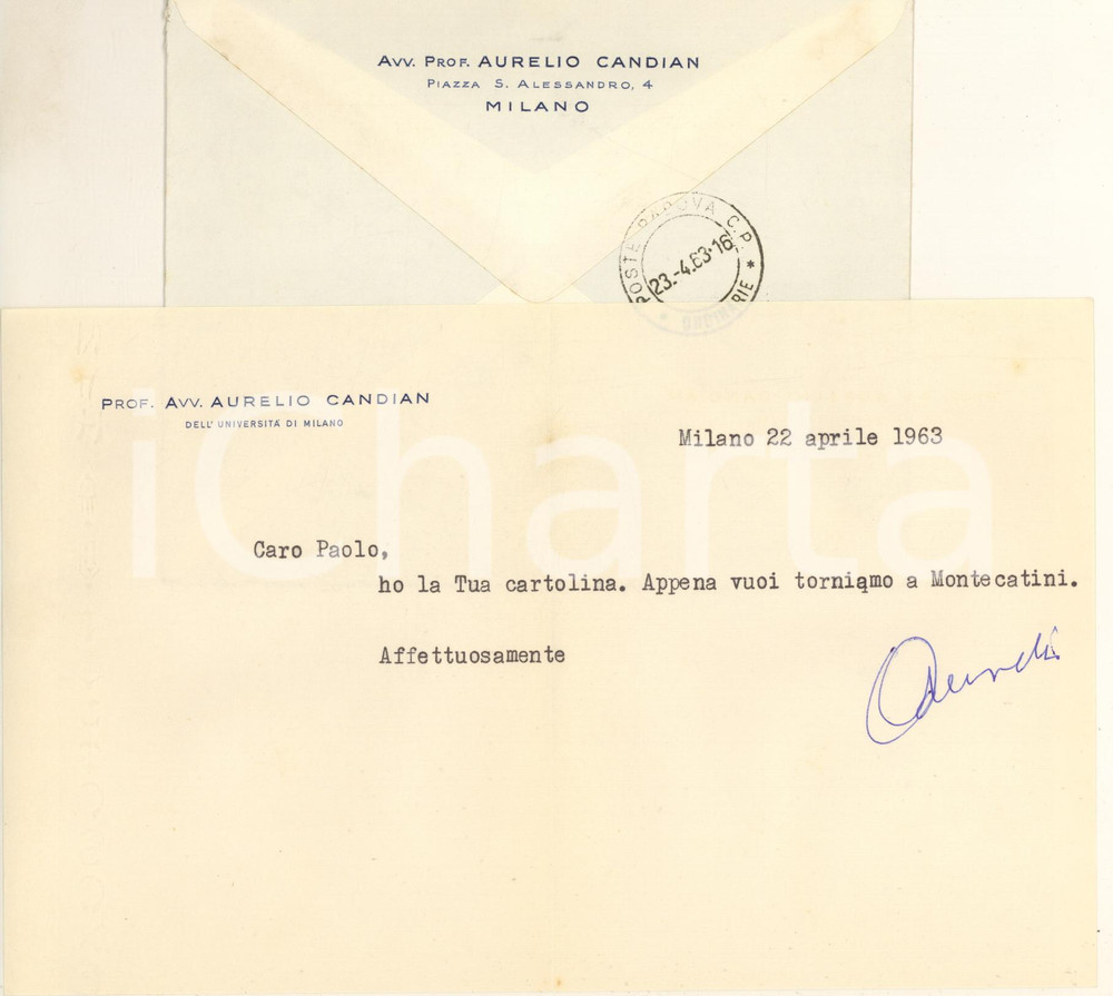 Autografo originale 1963 MILANO Lettera Aurelio CANDIAN Torniamo a Montecatini Autografo 1