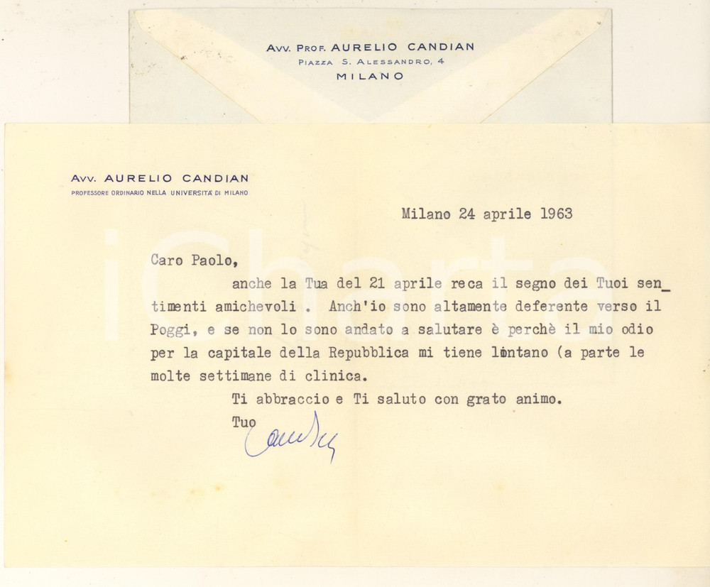 Autografo originale 1963 MILANO Lettera Aurelio CANDIAN Il mio odio per la capitale Autografo 1
