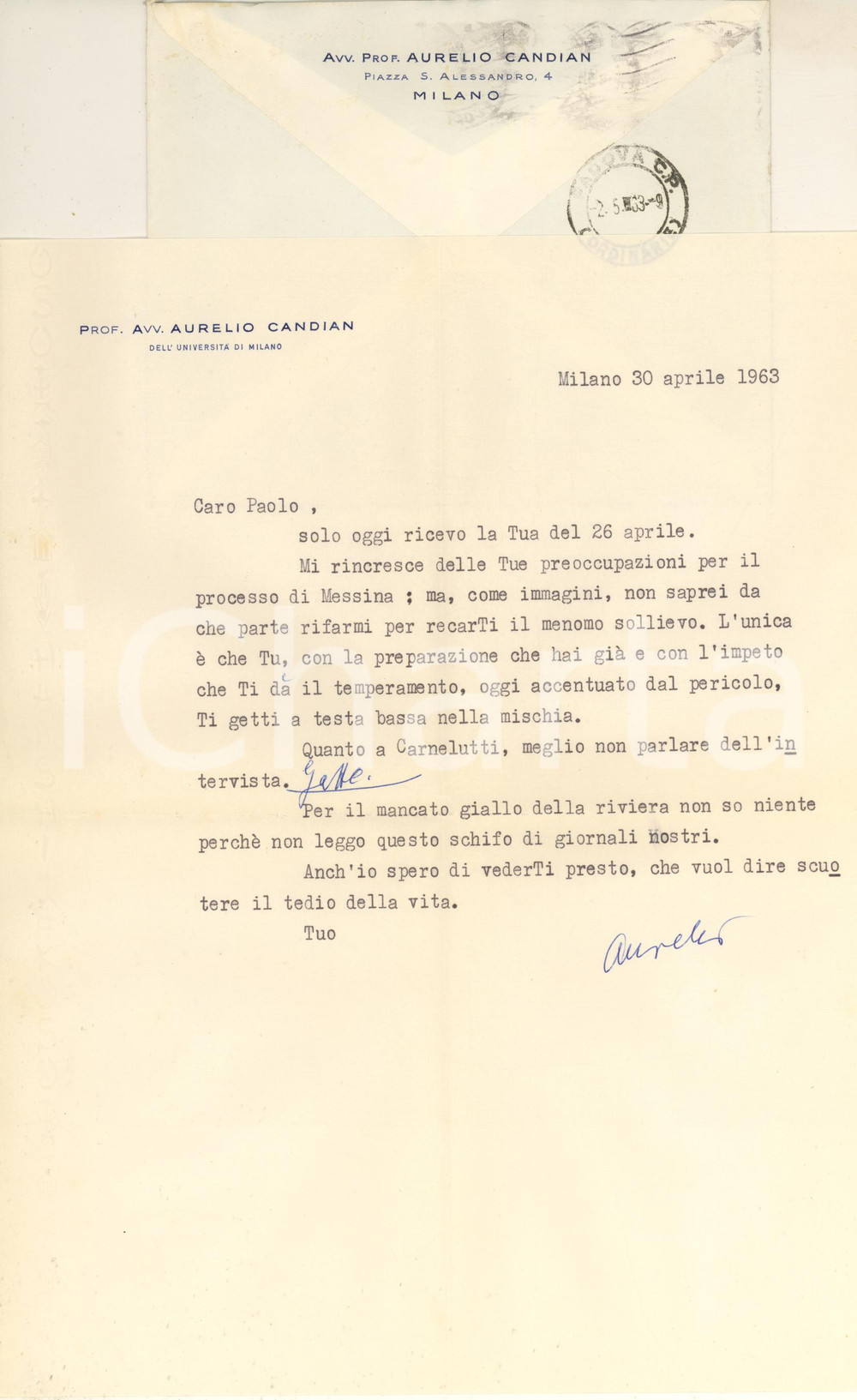 Autografo originale 1963 MILANO Lettera Aurelio CANDIAN a un amico e collega Autografo 1