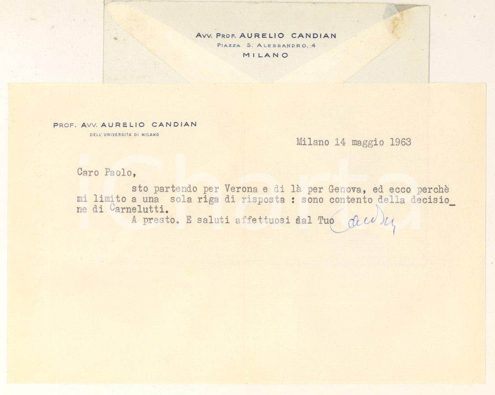 Autografo originale 1963 MILANO Lettera Aurelio CANDIAN in partenza per Verona  Autografo 1