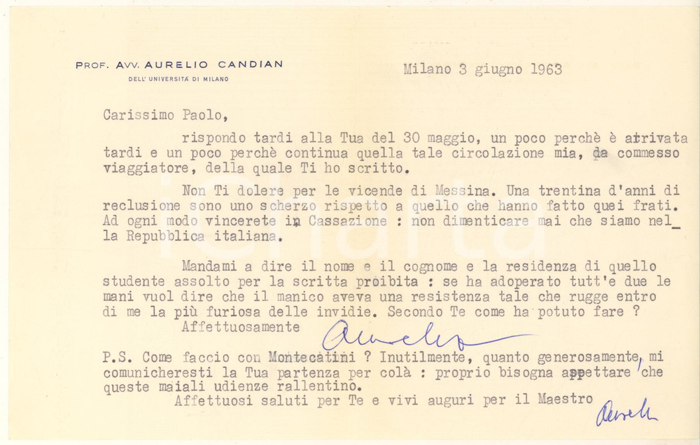 Autografo originale 1963 MILANO Aurelio CANDIAN augura vittoria in Cassazione a un collega AUTOGRAFO 1