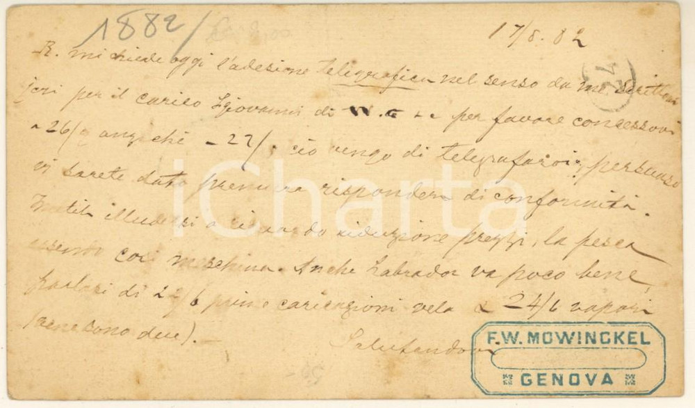 1882 GENOVA Ditta F. W. MOWINCKEL - "Una pesca così meschina" Cartolina  Cartolina postale, originale d'epoca, viaggiata.Si tratta di una ditta che commercializzava pesce sott'olio. POOR/danneggiato profonda piegatura verticale Formato: 14x9 cm originale e autentica 1