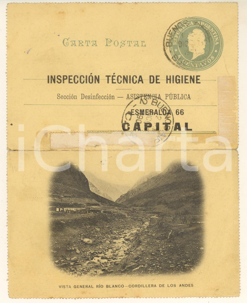 1901 ARGENTINA - Rio Blanco - Andes - Carta postal inspección técnica de higiene  Biglietto postale, originale d'epoca, viaggiato.All'esterno presenta un'immagine paesaggistica dell'Argentina. All'interno sono contenute le indicazioni sul risultato dell'ispezione sanitaria. FAIR/discreto residui di carta e di colla Formato: 14x9 cm originale e autentica 1