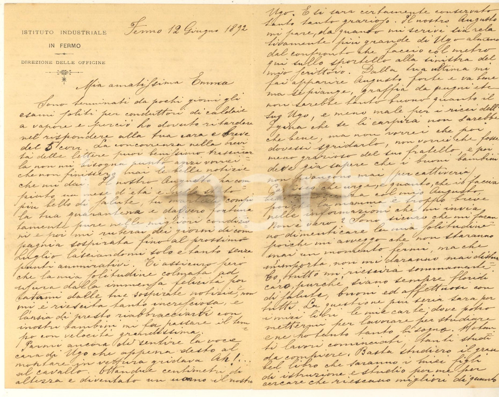 Autografo originale 1892 FERMO Istituto Industriale  Ing. Teseo RAINALDI alla moglie AUTOGRAFO 1