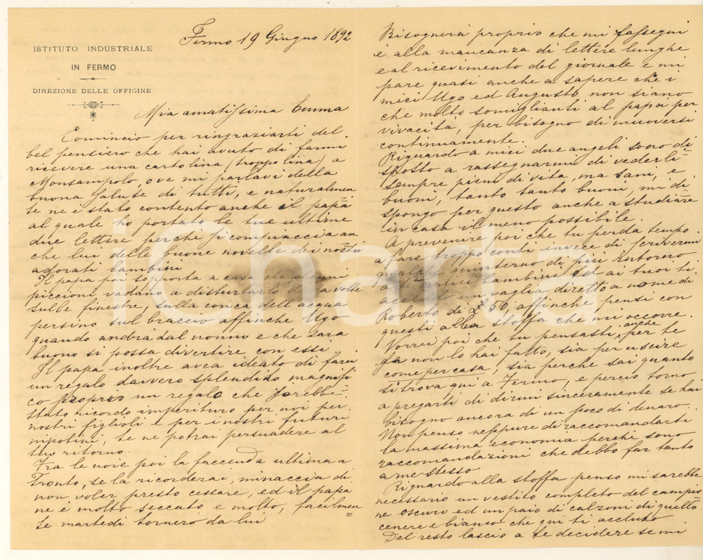 Autografo originale 1892 FERMO Istituto Industriale  Ing. Teseo RAINALDI alla moglie AUTOGRAFO 1