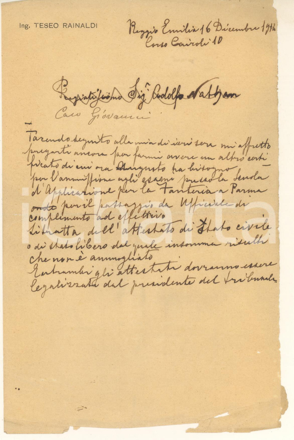 Autografo originale 1914 REGGIO EMILIA Lettera ing. Teseo RAINALDI per certificato AUTOGRAFO 1