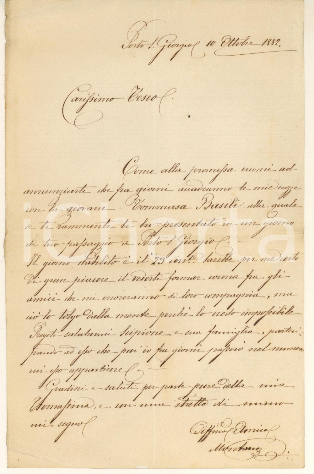 Autografo originale 1882 PORTO SAN GIORGIO Lettera Montano OLIVIERI prossimo alle nozze AUTOGRAFO 1