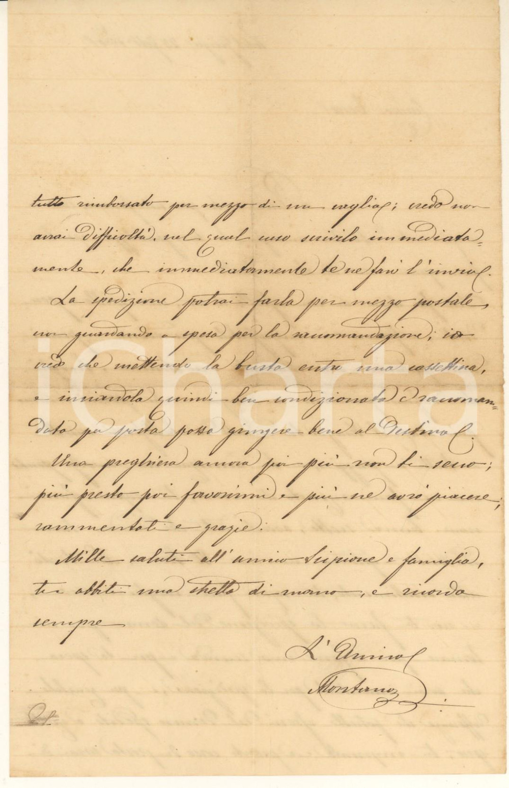 Autografo originale 1880 PORTO SAN GIORGIO Lettera Montano OLIVIERI per parure d oro AUTOGRAFO 1