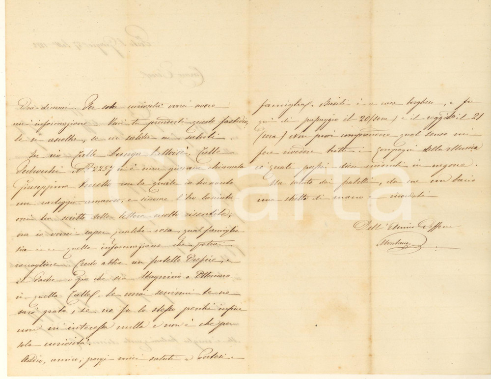 Autografo originale 1878 PORTO SAN GIORGIO Montano OLIVIERI curioso di un ex amante AUTOGRAFO 1