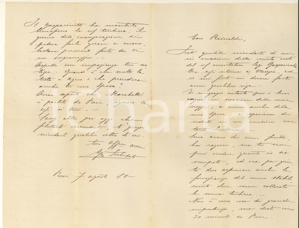 Autografo originale 1880 PIEVEBELVICINO Giuseppe FOCHESATO  Nuovo stabilimento LANEROSSI AUTOGRAFO 1