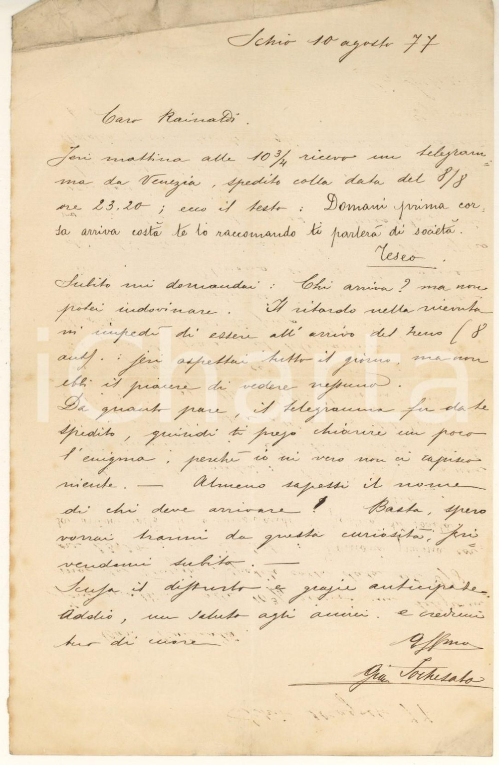 Autografo originale 1877 SCHIO Lettera Giuseppe FOCHESATO  Incontro per societÃ  AUTOGRAFO 1