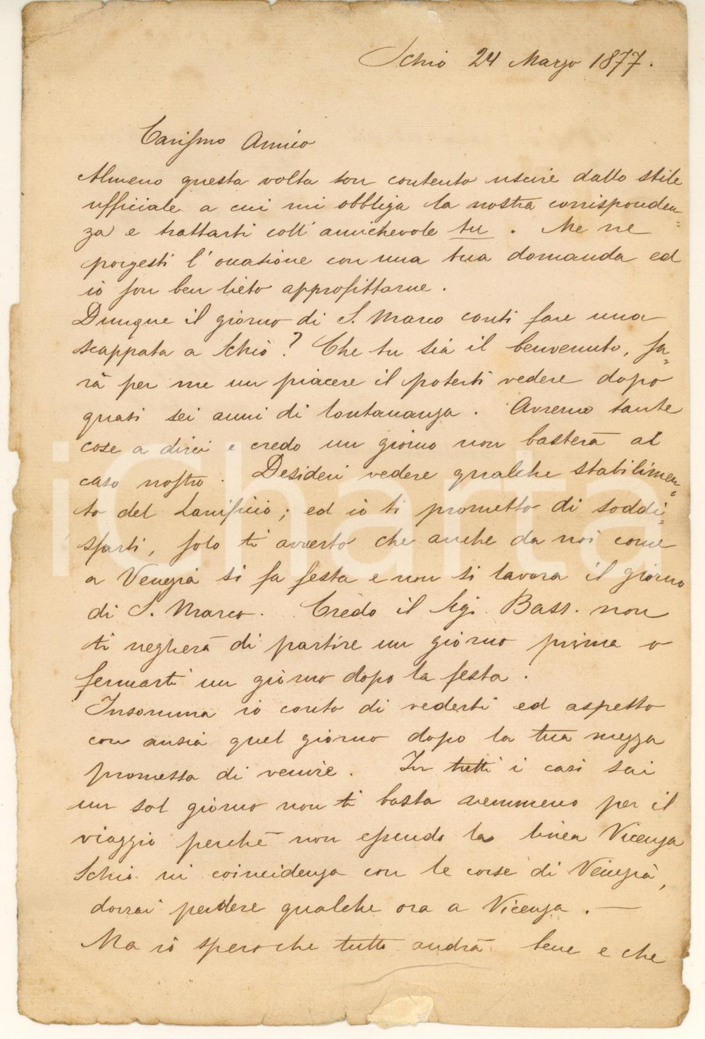 Autografo originale 1877 SCHIO Lettera Giuseppe FOCHESATO  Visita al Lanificio AUTOGRAFO 1