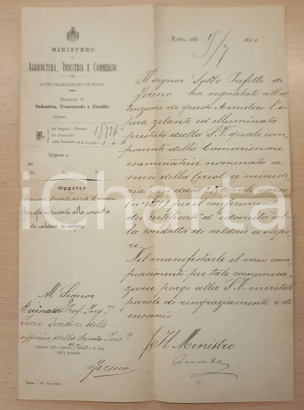 1890 ROMA Ministero Agricoltura - IdoneitÃ  caldaie *Autografo Michele AMADEI Lettera in grafia di segretario, con firma autografa (per il Ministro) del noto politico Michele Amadei.La lettera annuncia all'ing. Teseo Rainaldi di avere ocnseguito l'idoneitÃ  per la condotta di caldaie a vapore.Su carta intestata "Ministero di Agricoltura, Industria e Commercio - Sotto Segretariato di Stato".PAGINE: 4 (1 scritta) FAIR/discreto piegature d'epoca Formato: 22x31 cm originale e autentica 1