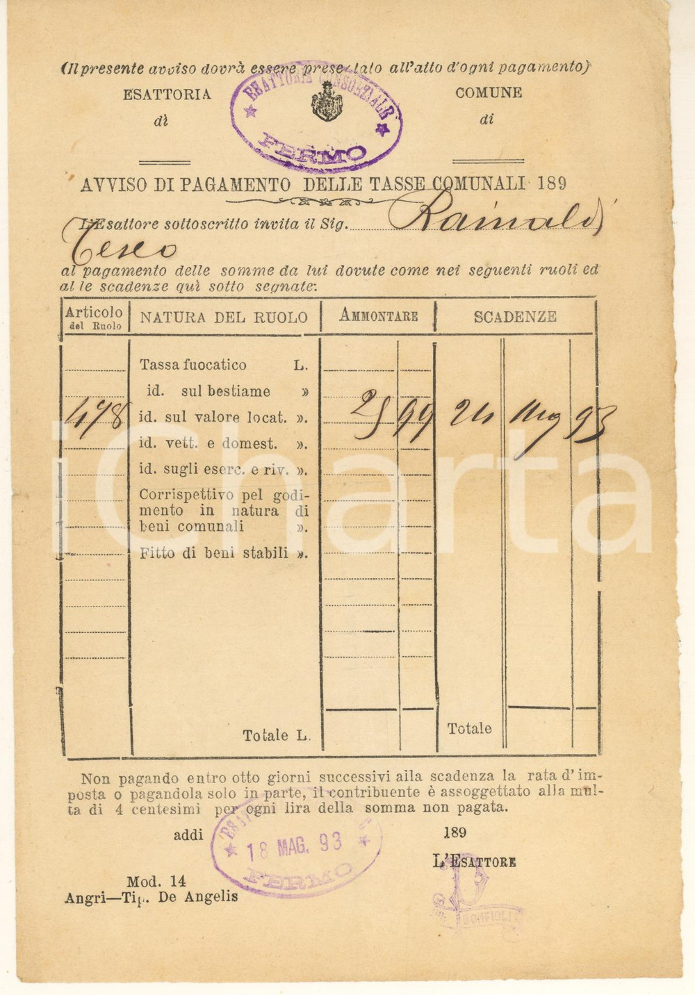 Documento originale, autentico 1893 FERMO Avviso di esattoria  Ing. Teseo RAMBALDI 1