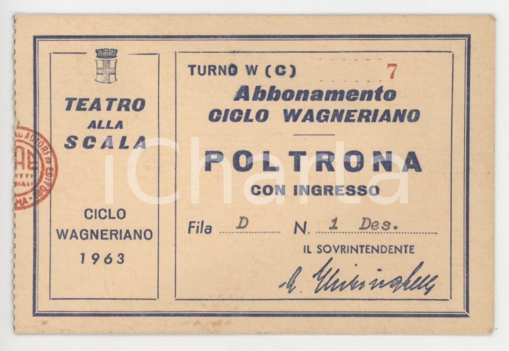 1963 MILANO Teatro alla Scala - Abbonamento poltrona Ciclo Wagneriano 10x7 Tessera d'epoca. FAIR/discreto Lievi smussature agli angoli Formato: 10x7 cm originale e autentica 1