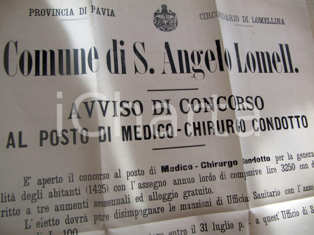 Documento originale, autentico Luglio 1912 SANT'ANGELO LOMELLINA (PV) Concorso per medico condotto MANIFESTO 1