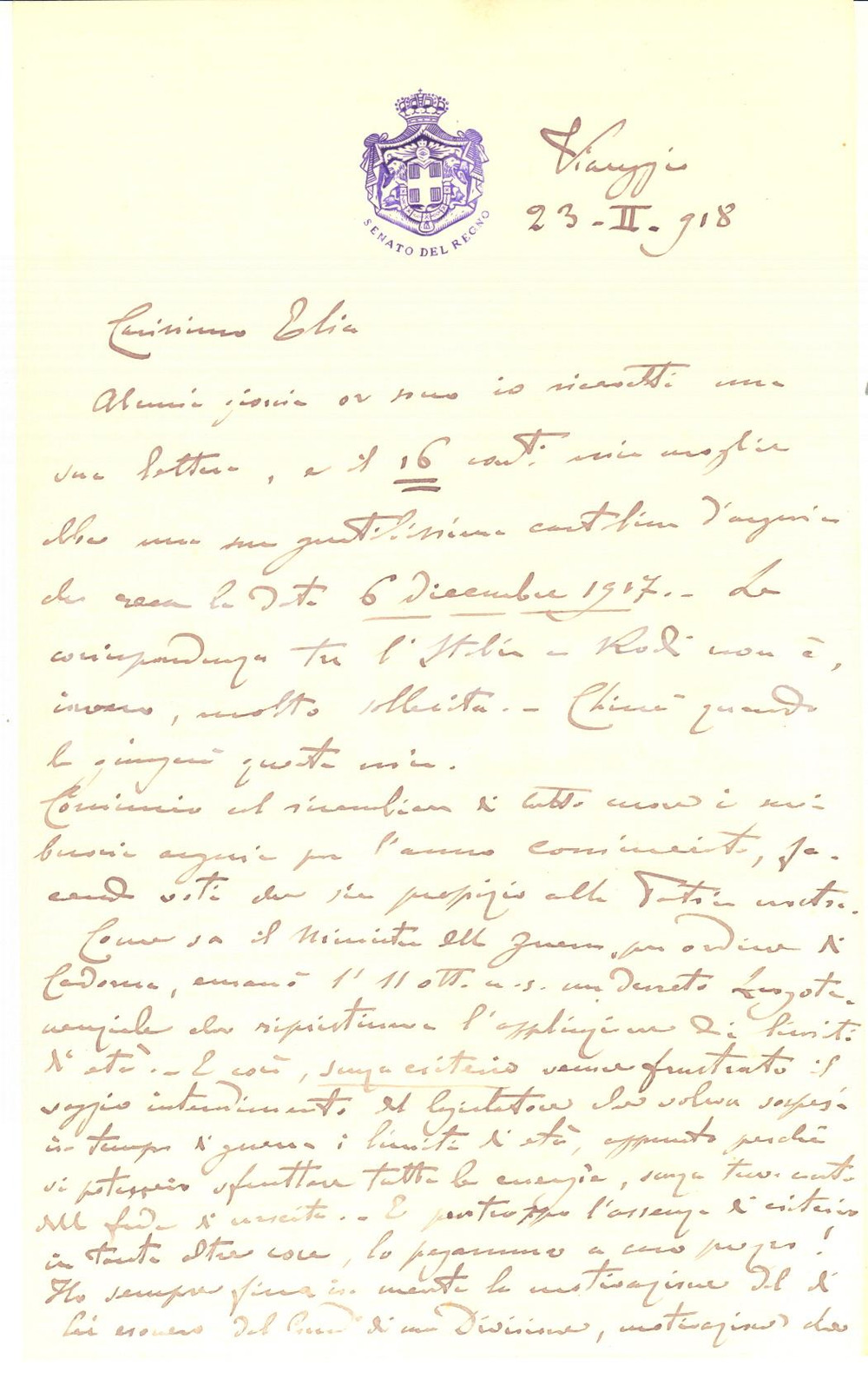 1918 VIAREGGIO Lettera Ugo BRUSATI ricompensato dal Re - AUTOGRAFO Lunga lettera, interamente autografa, del generale e senatore Ugo Brusati, che racconta come ha servito la patria anche oltre l'et&agrave; in cui desiderava il ritiro ed &egrave; stato ricompensato dal Re con l'onorificenza di conte.CONDIZIONI: fair (piegatura centrale)PAGINE: 1  (2 facciate)    originale e autentica 1