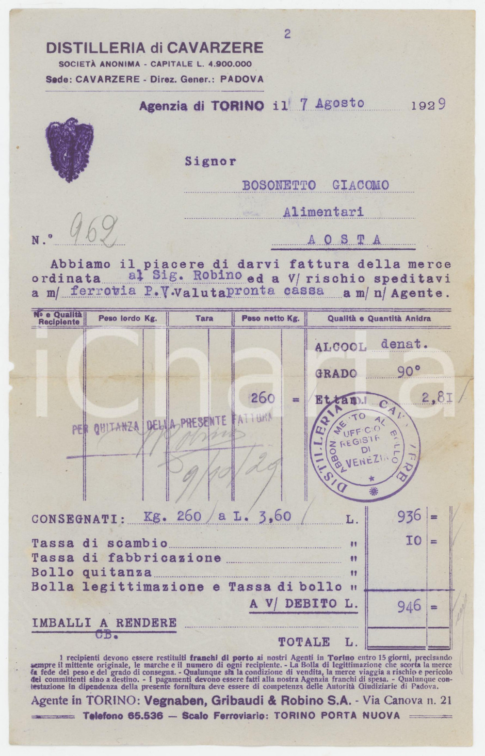 1929 TORINO Distilleria di CAVARZERE Fattura per alcool denaturato (1) Fattura commerciale d'epoca, su carta intestata, dattiloscritta.  FAIR/discreto Piegature d'epoca, bruniture, piccole mancanze al margine sinistro Formato: 14x23 cm originale e autentica 1