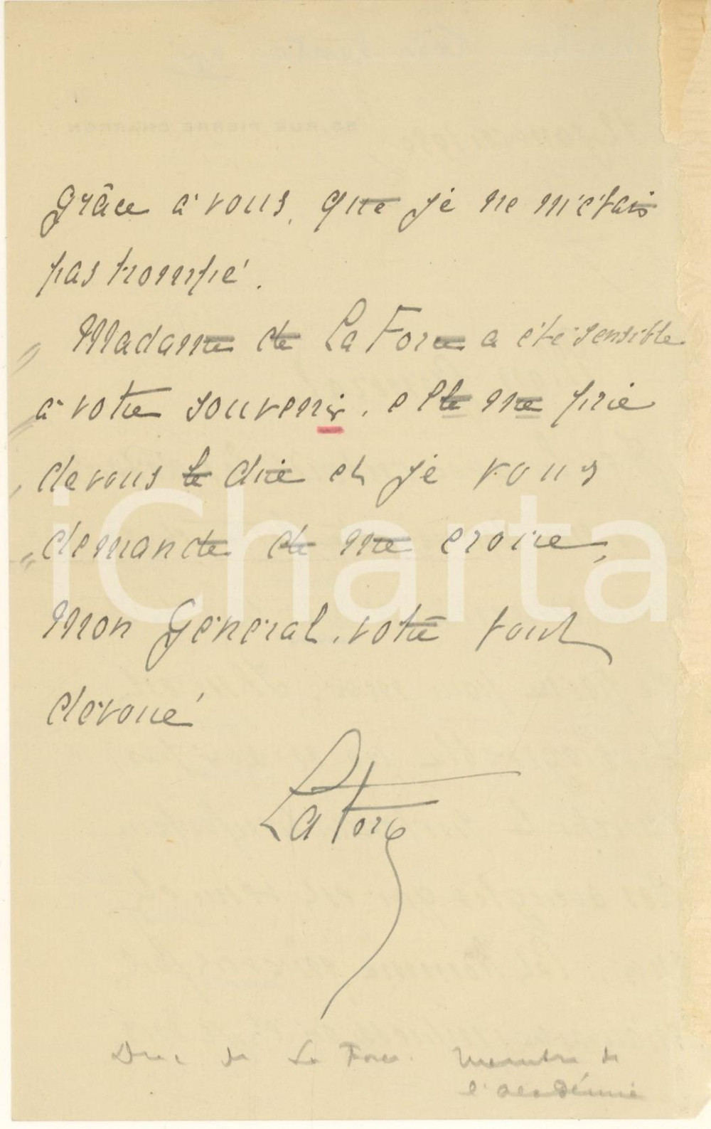 Autografo originale 1930 PARIS Lettre Auguste de LA FORCE aux aveugles  AUTOGRAPHE 1