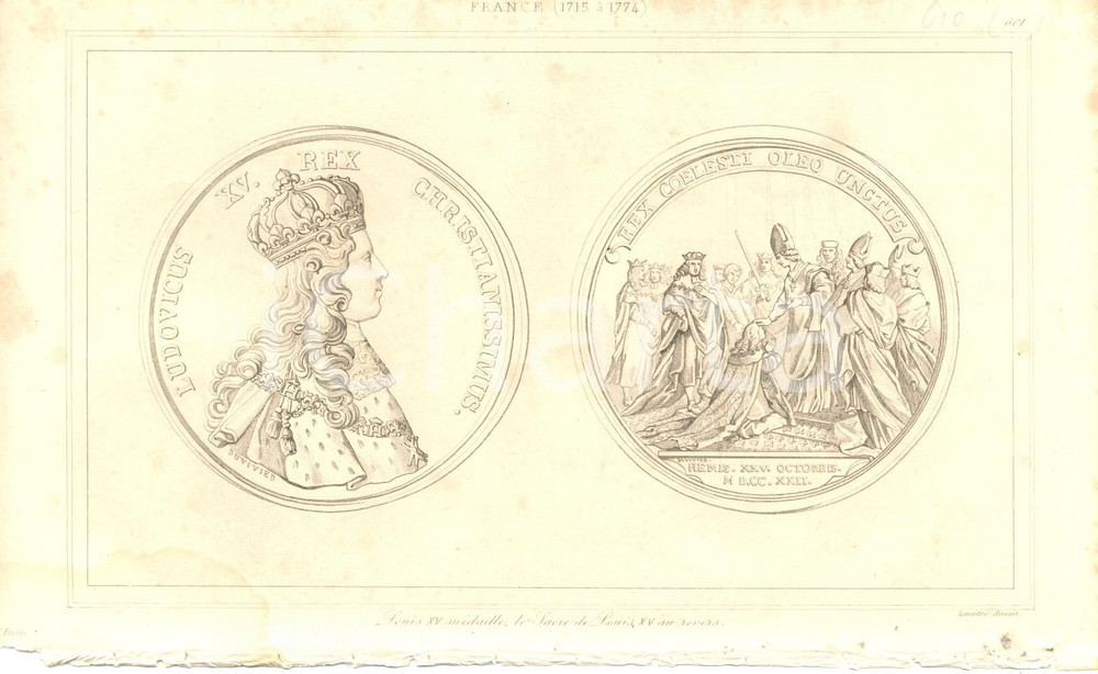 Stampa, bozzetto originale 1840 FRANCE LOUIS XV Médaille Incisione LEMAITRE Au revers sacre 1