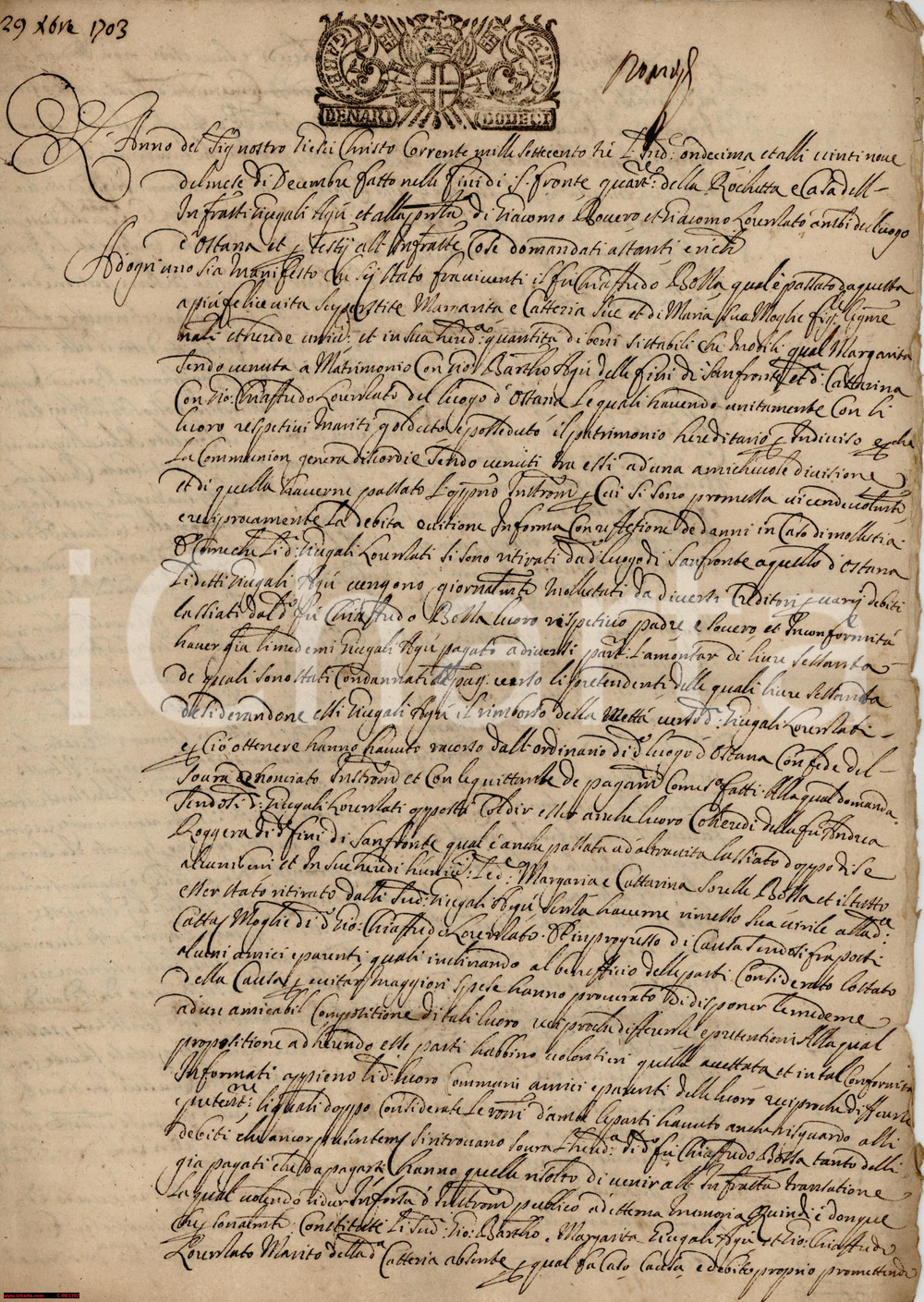 Documento originale, autentico 1703 OSTANA (CN) Divisione beni sorelle Margherita e Caterina BOLLA 1
