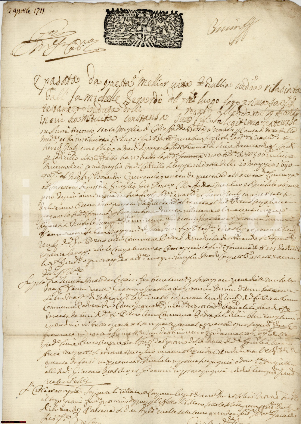 Manoscritto, lettera originale 1711 PAESANA (CN) Divisione tra eredi della vedova Giulia BERARDO *Manoscritto 1