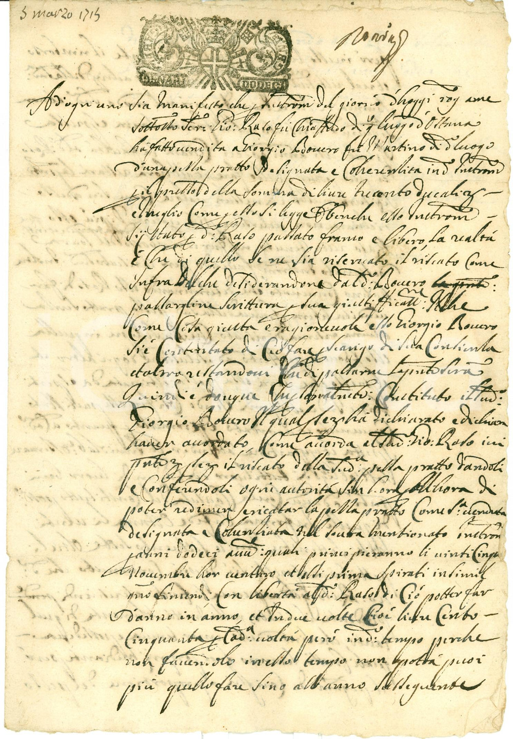 Documento originale, autentico 1714 OSTANA (CN) Retrovendita prato Giorgio BOVERO a Giovanni RASO 1