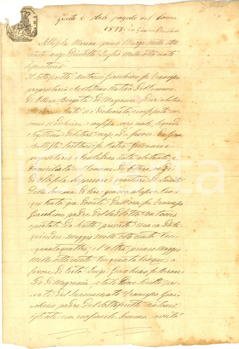 Documento originale, autentico 1861 ALBISOLA SUPERIORE (SV) Antonio GIACCHINO debitore di Giambattista SAETTONE 1