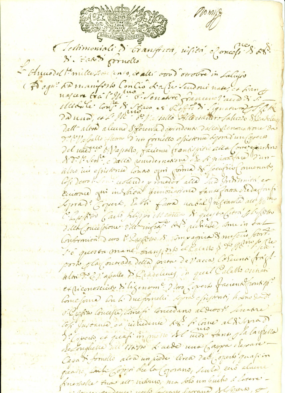 Documento originale, autentico 1700 SALUZZO Testimoniali per fornello conte Alessandro SALUZZO DI PRADLEVES 1