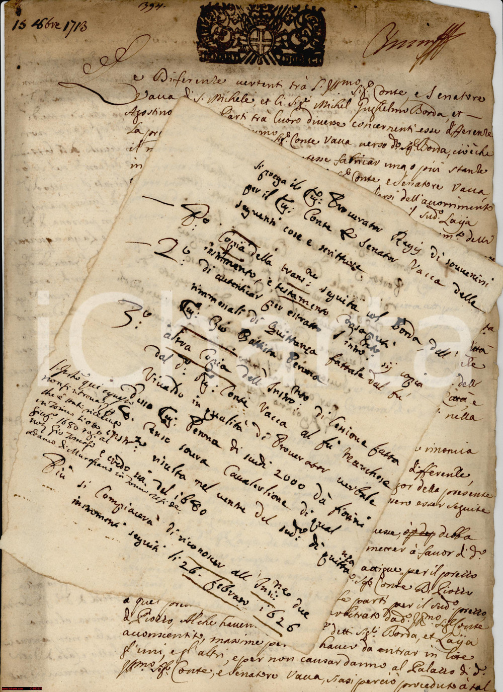 Documento originale, autentico 1713 SALUZZO (CN) Conte VACCA DI SAN MICHELE contro i fabbricati del vicino 1