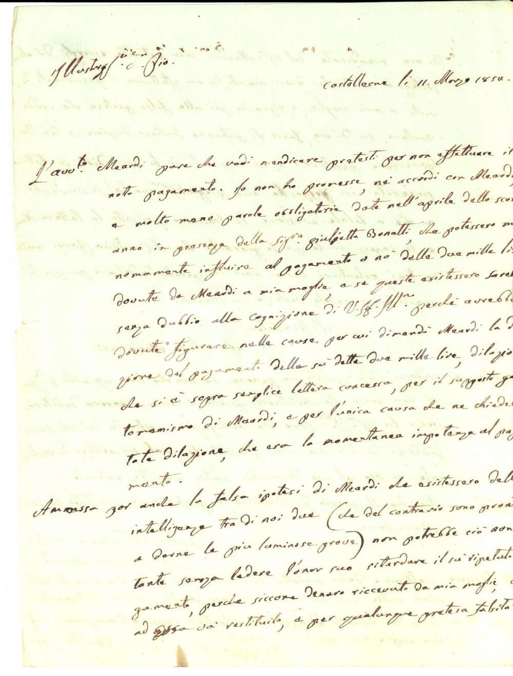 Manoscritto, lettera originale 1850 CASTELLEONE On. Francesco MEARDI mendica pretesti per non pagare Lettera 1