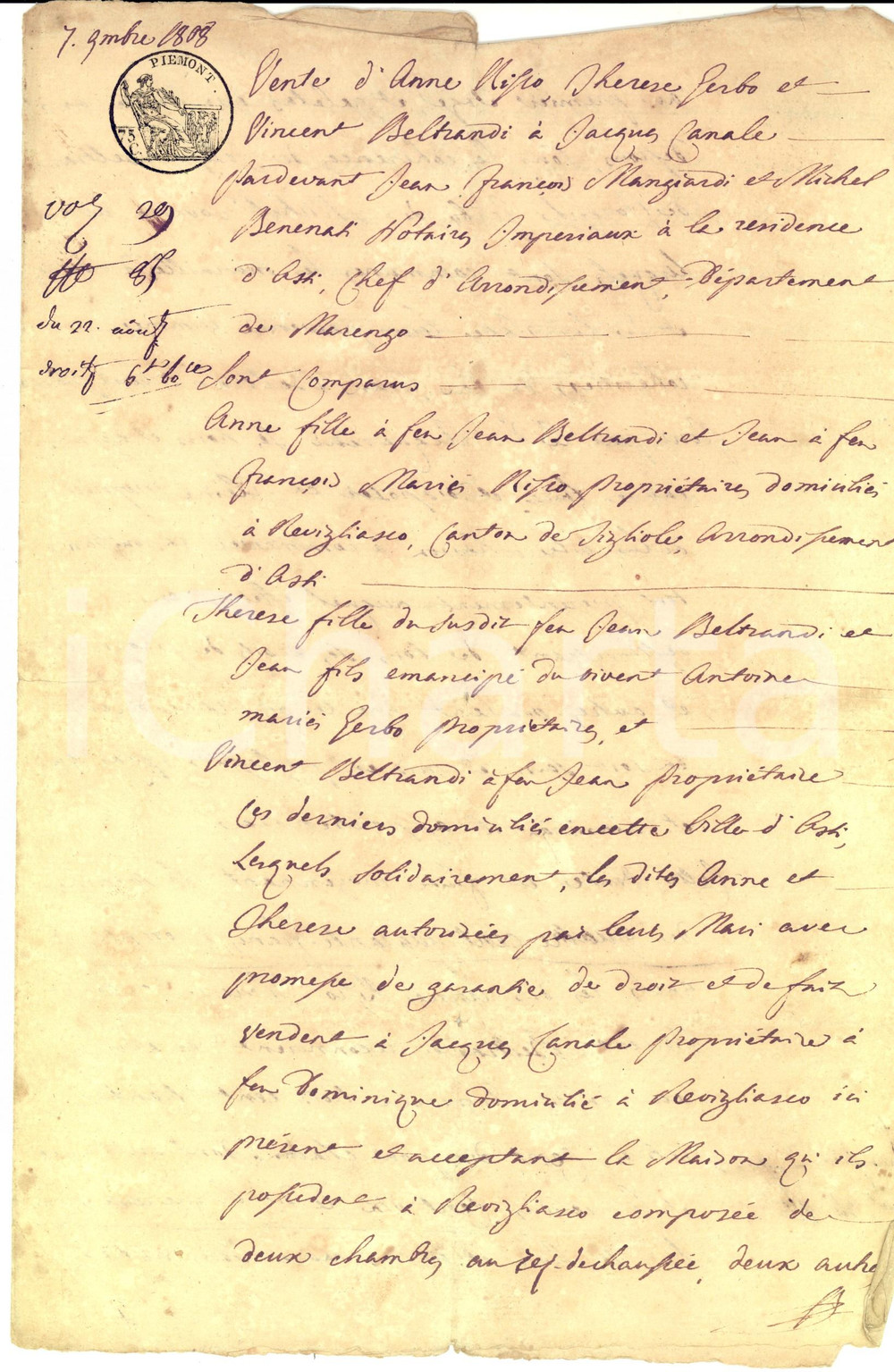 Documento originale, autentico 1808 REVIGLIASCO AT Fratelli BELTRANDI vendono casa a Giacomo CANALE 1