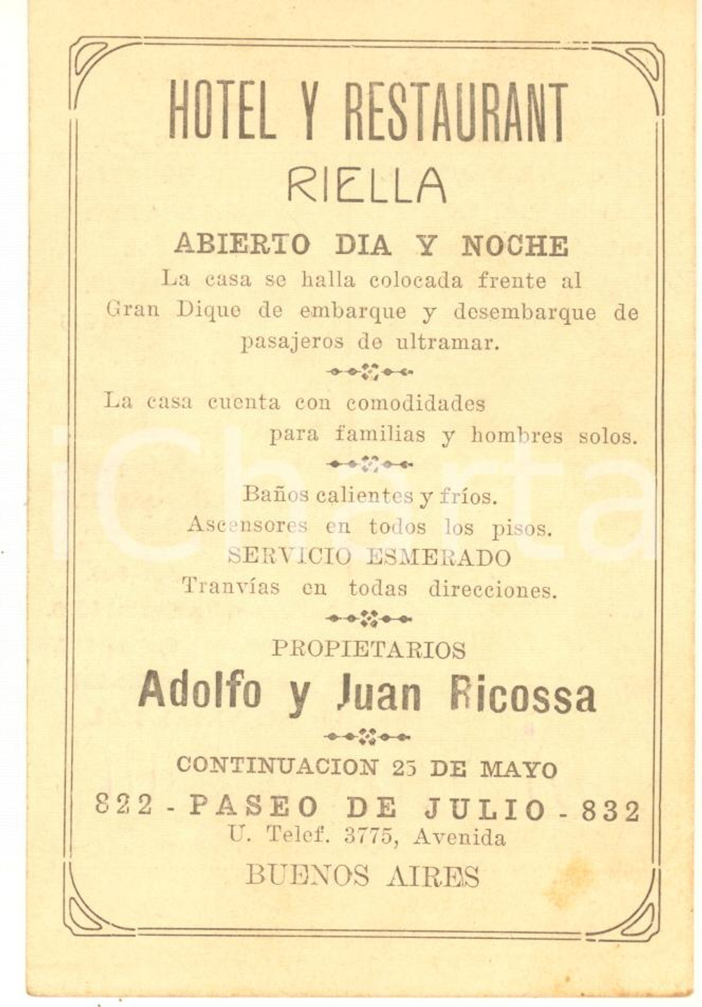 1910 ca BUENOS AIRES Hotel y Restaurant RIELLA Adolfo y Juan RICOSSA *Biglietto Biglietto pubblicitario d'epoca. GOOD/buono  Formato: 8x12 cm originale e autentica 1