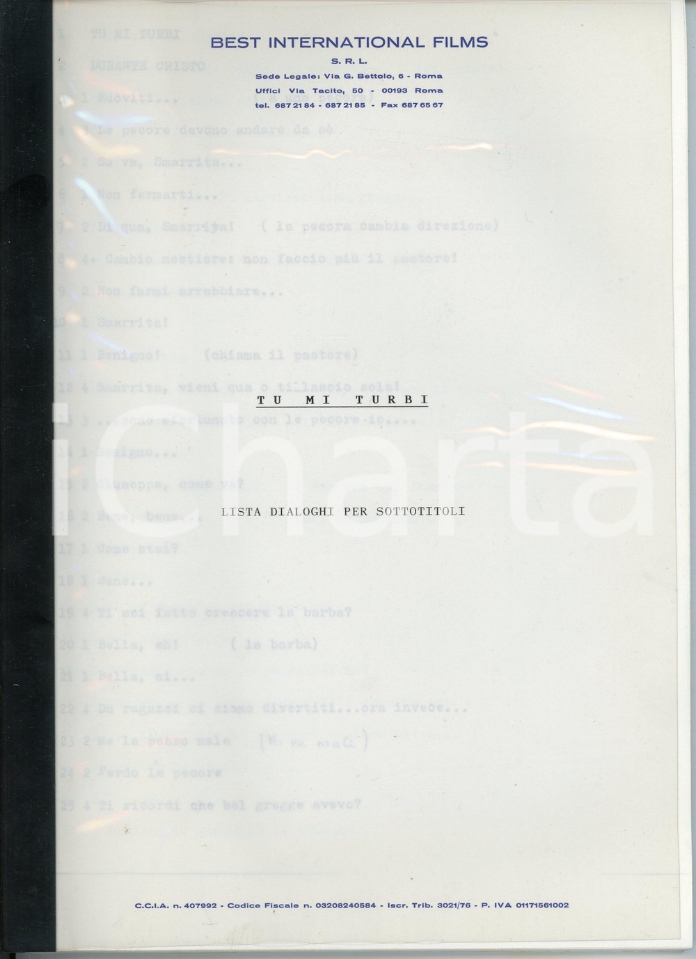 1983 CINEMA - TU MI TURBI di Roberto BENIGNI Lista dialoghi per sottotitoli Documento originale dattiloscritto con la lista dei dialoghi per sottotitoli del film "Tu mi turbi" di Roberto Benigni, realizzati dalla Best International Films di RomaPAGINE: 36 GOOD/buono  Formato: 21x29 cm originale e autentica 1