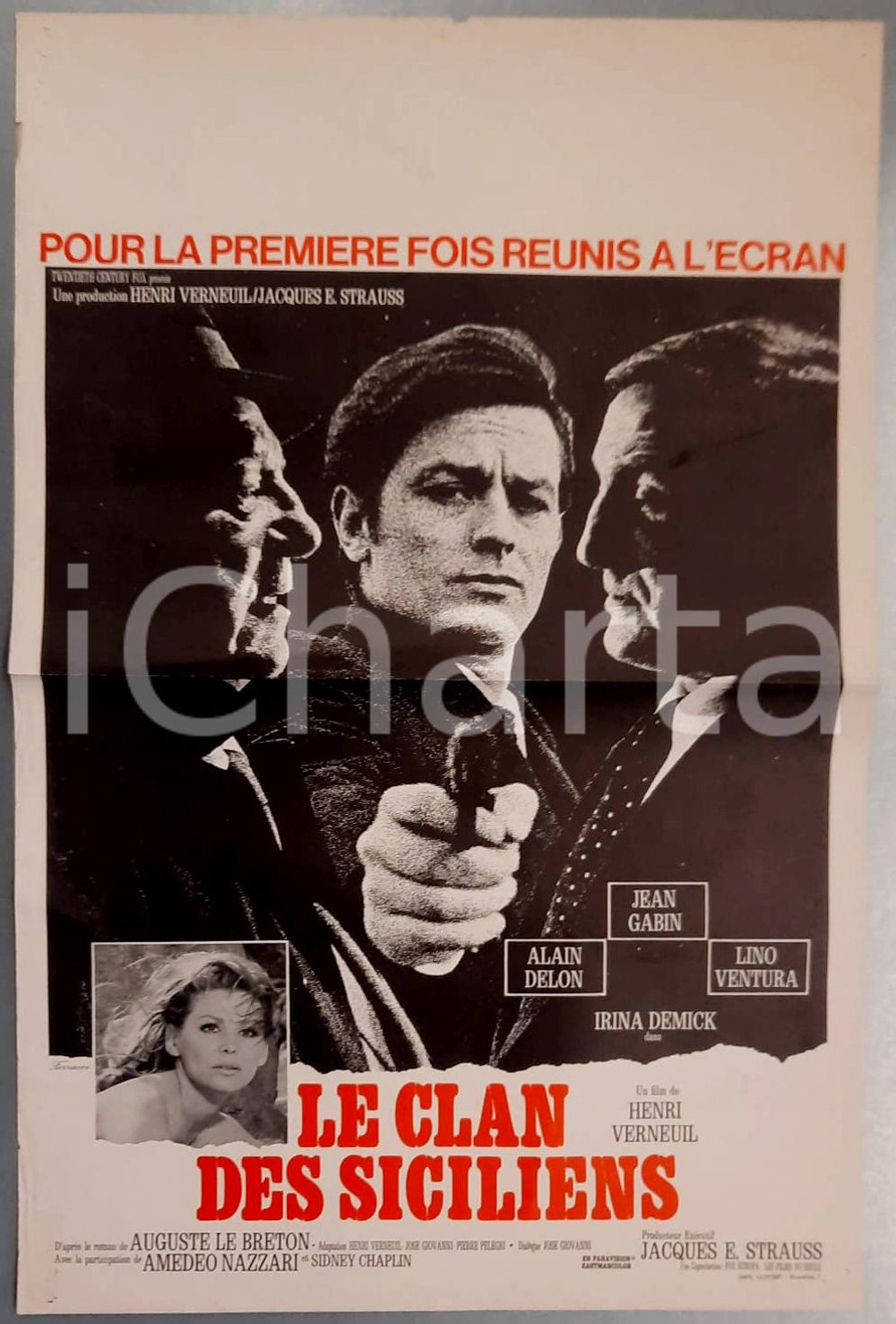 1969 CINEMA - LE CLAN DES SICILIENS Alain DELON Jean GABIN Lino VENTURA Affiche Locandina originale d'epoca.Realizzata per l'uscita del film in Belgio.  POOR/danneggiato Piegature d'epoca, forellini da affissione agli angoli,  piccoli strappi ai margini Formato: 36x55 cm originale e autentica 1