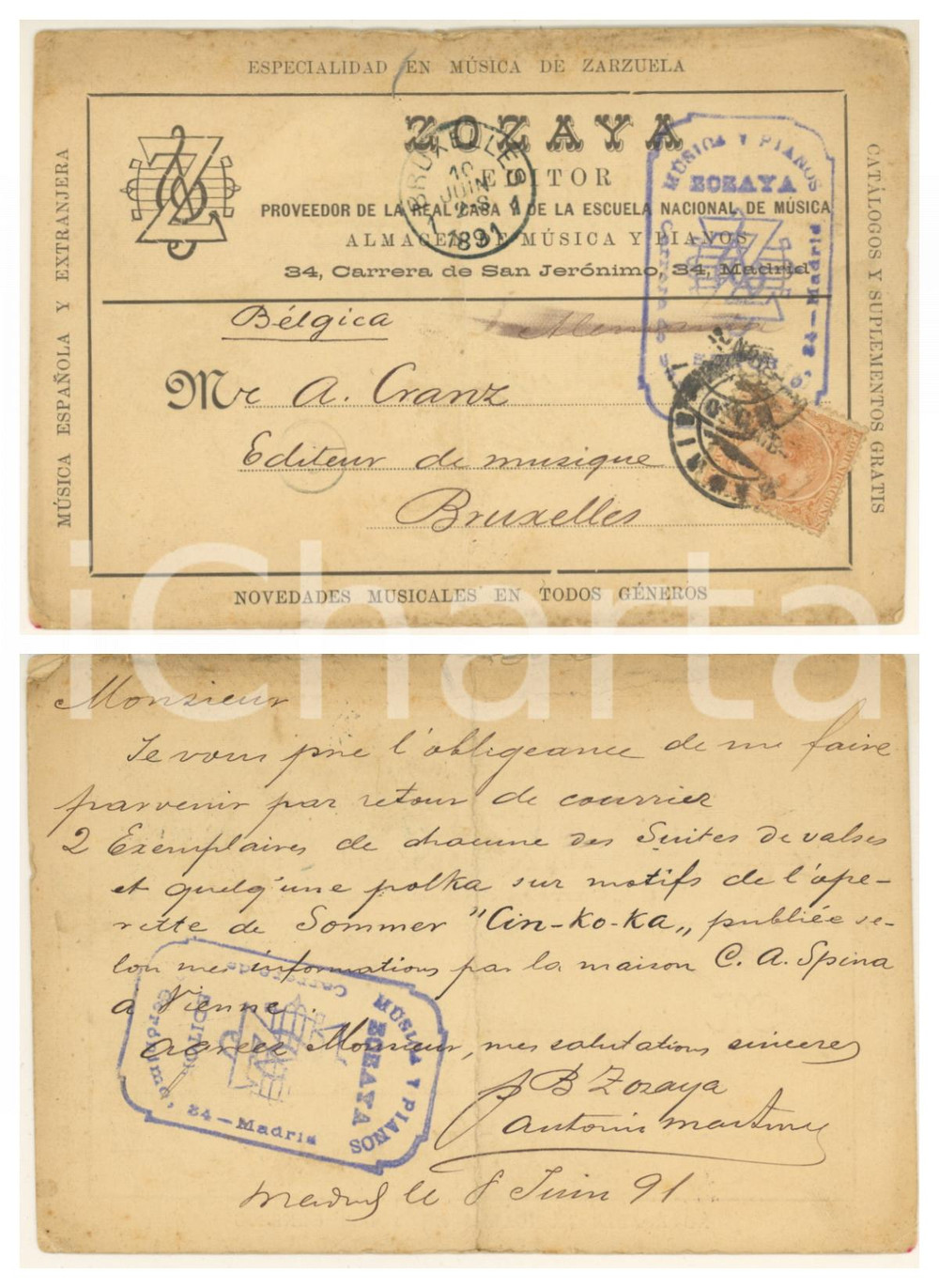 1891 MADRID - ZOZAYA Editor - Música española  y de zarzuela *Postcard Cartolina postale, originale d'epoca, viaggiata.Timbri dell'editore musicale Zozaya. VERY POOR/gravemente danneggiato profonda piegatura verticale; macchie e gualciture al lato superiore Formato: 15x10 cm originale e autentica 1