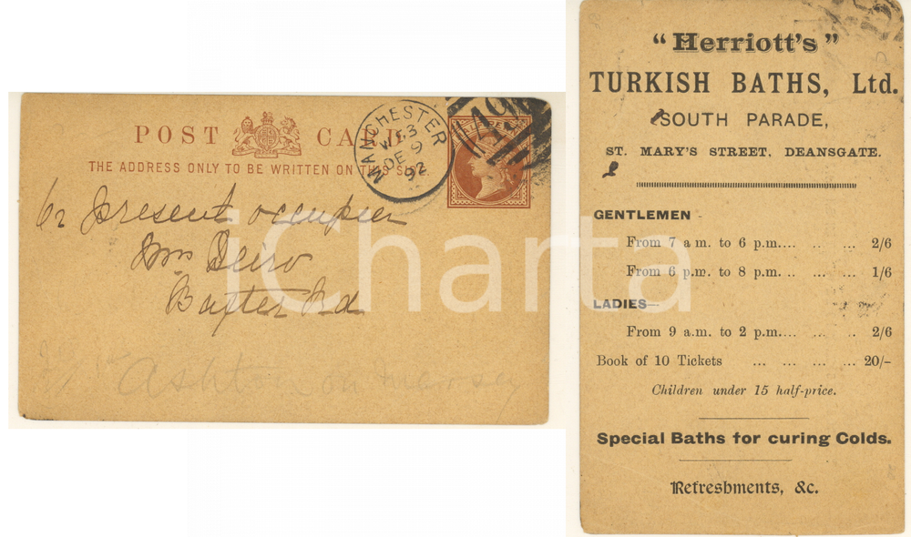 1892 MANCHESTER South Parade - HERRIOTT'S Turkish Baths  *Postcard Cartolina pubblicitaria, originale d'epoca, viaggiata.Timbri dell'editore musicale Zozaya. POOR/danneggiato piegatura angolare Formato: 12x8 cm originale e autentica 1