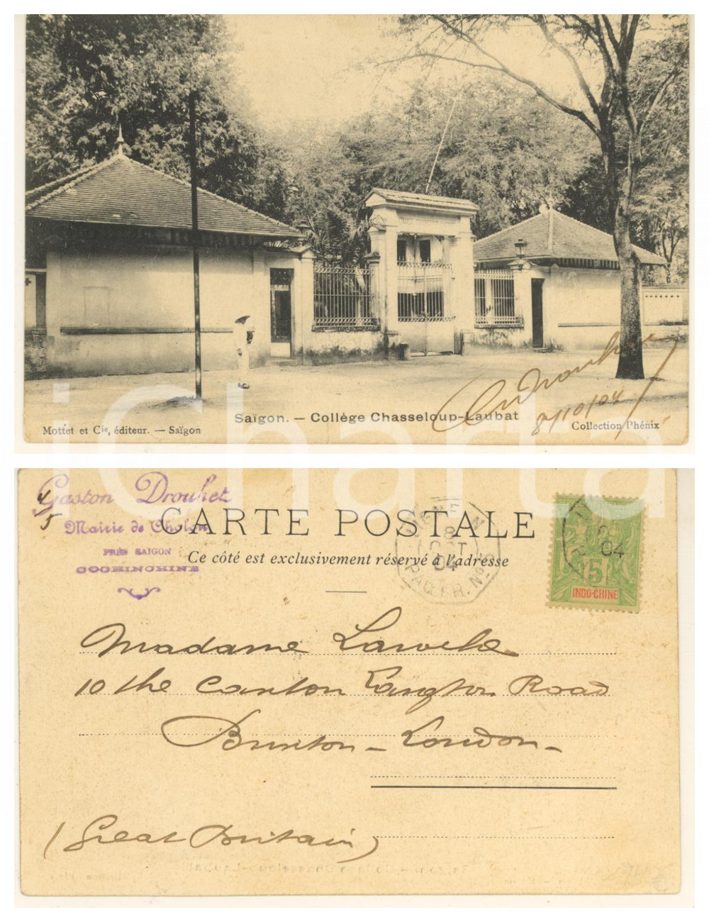 1904 SAIGON (VIETNAM) Collège CHASSELOUP-LAUBAT *Postcard Gaston DROUET Cartolina postale, originale d'epoca, viaggiata.Timbro "Gaston Drouet" al verso. Drouet firma in autografo. GOOD/buono  Formato: 14x9 cm originale e autentica 1