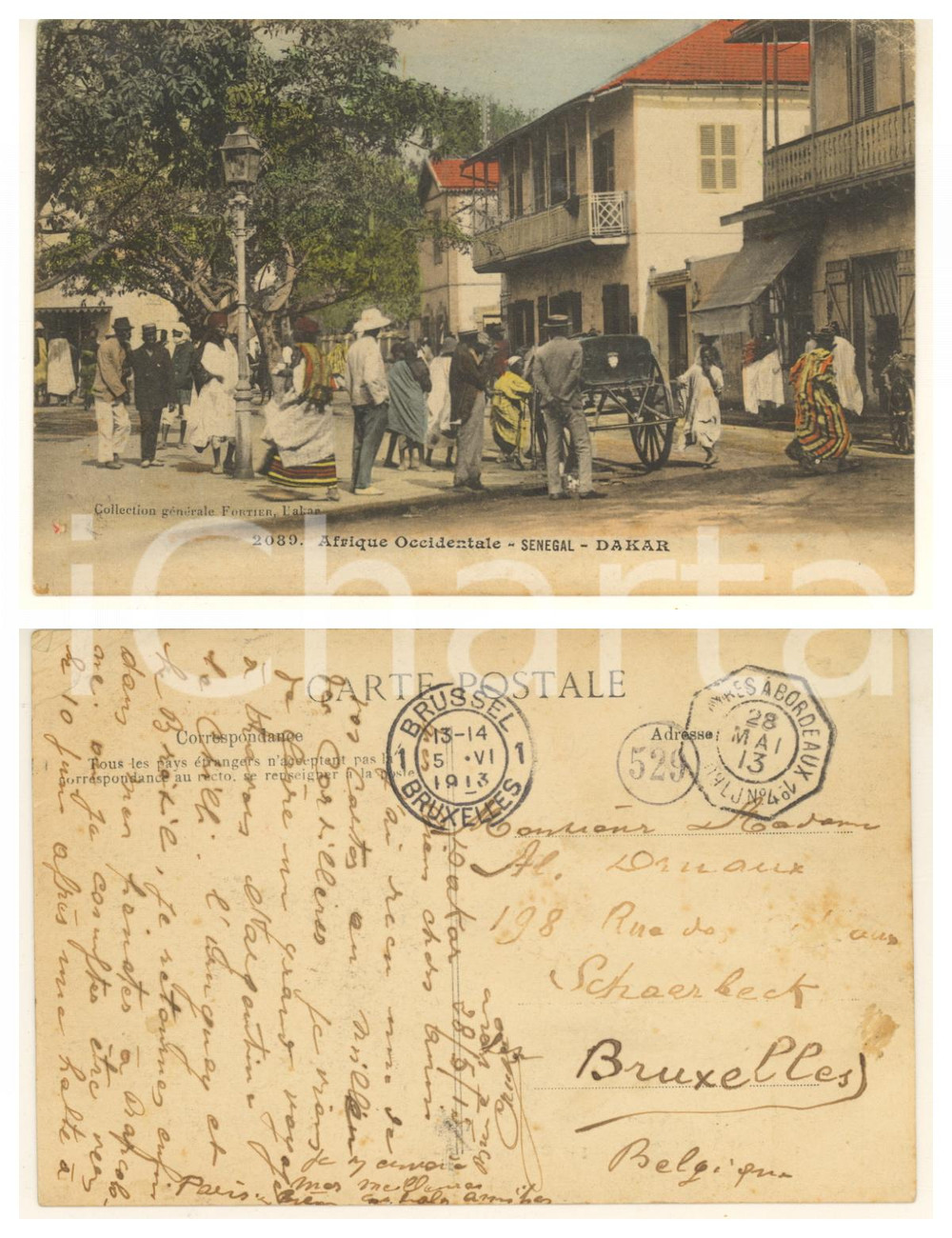 1913 AFRIQUE OCCIDENTALE DAKAR (SENEGAL) Strada affollata - Cartolina Cartolina postale, originale d'epoca, viaggiata. FAIR/discreto lievi piegature angolari e piccole fioriture Formato: 14x9 cm originale e autentica 1