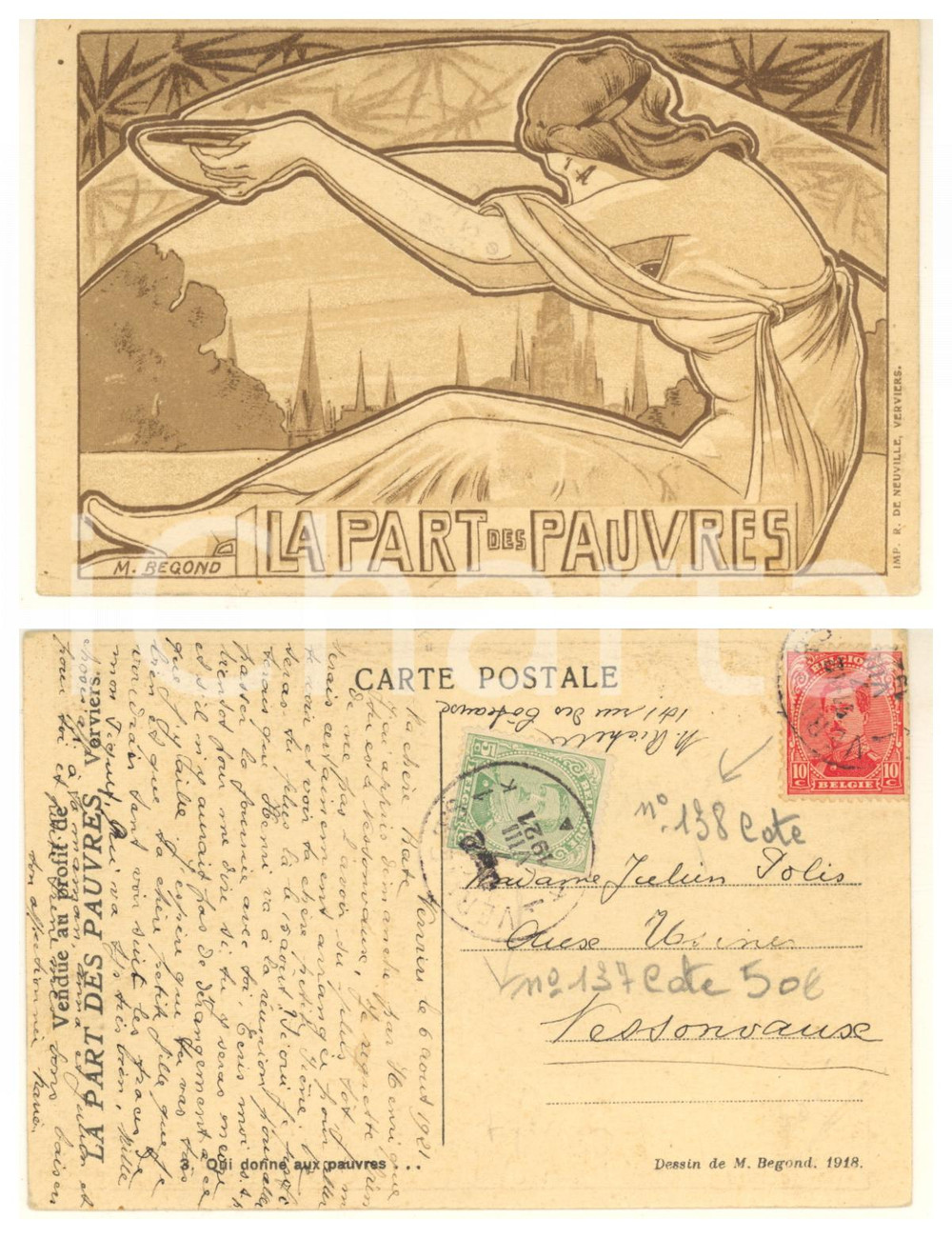 1921 Artist Marcel BEGOND - LA PART DES PAUVRES *Illustrated postcard Cartolina postale originale d'epoca, viaggiata.Timbro al verso che indica la vendita a beneficio de "La Part des Pauvres" di Verviers. FAIR/discreto piegature angolari Formato: 14x9 cm originale e autentica 1