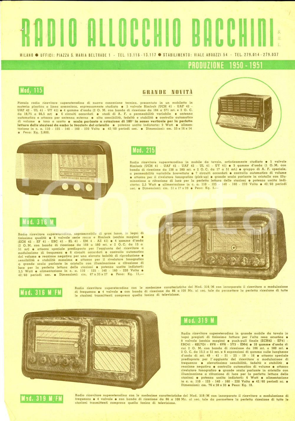 Materiale pubblicitario d’epoca 1950 MILANO Radio ALLOCCHIO BACCHINI Volantino ILLUSTRATO novitÃ 1