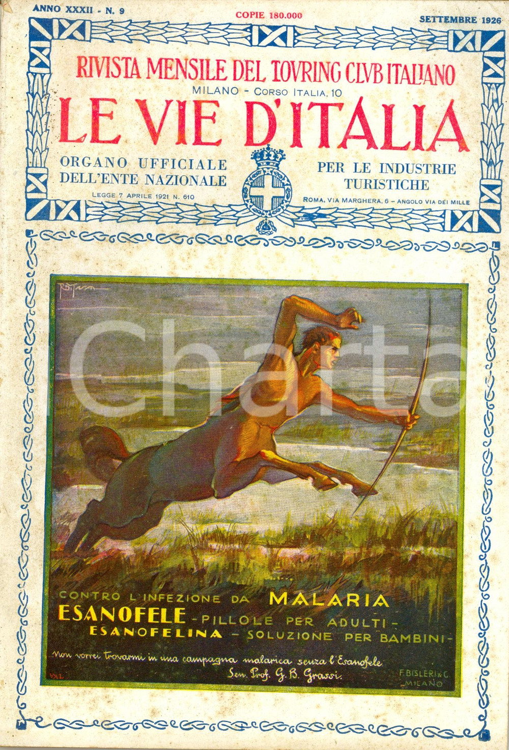 Giornale, rivista storica 1926 LE VIE D ITALIA TCI XIV volume Guida d ITALIA Anno XXXII n.9 BISLERI& C. 1