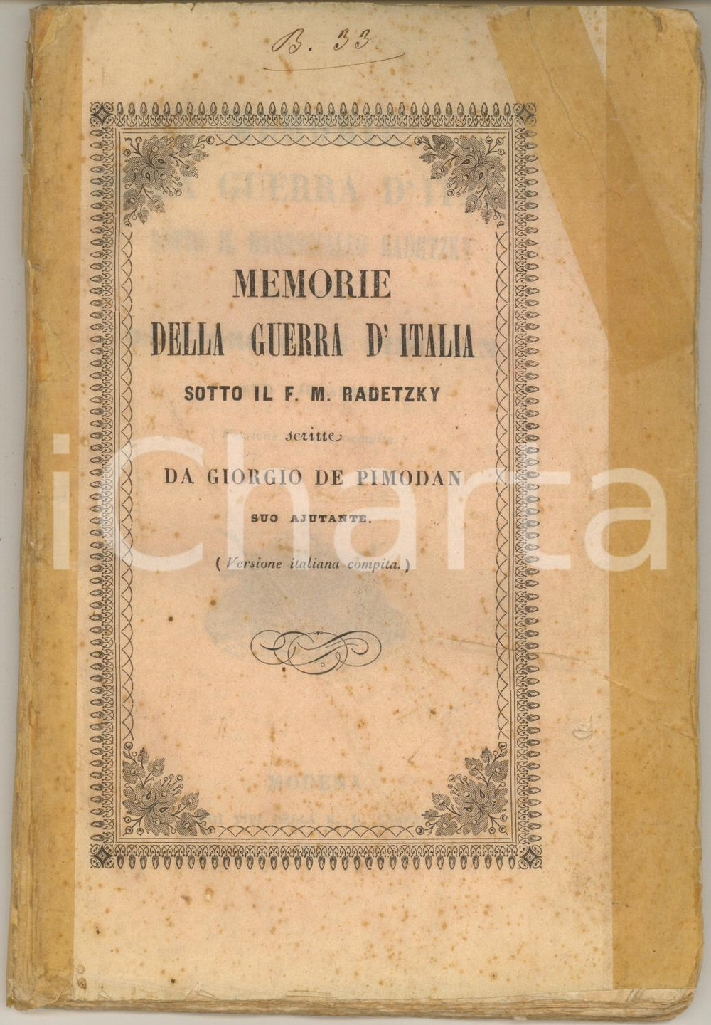 Libro, pubblicazione d epoca 1851 G. DE PIMODAN Memorie della guerra in Italia sotto il maresciallo Radetzky 1