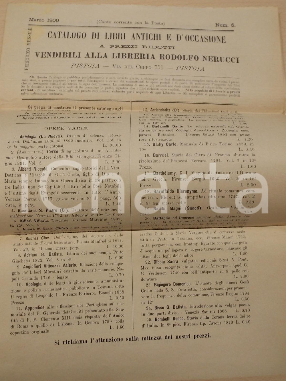 Giornale, rivista storica 1900 PISTOIA Libreria Rodolfo NERUCCI Catalogo libri antichi e d occasione n° 5 1