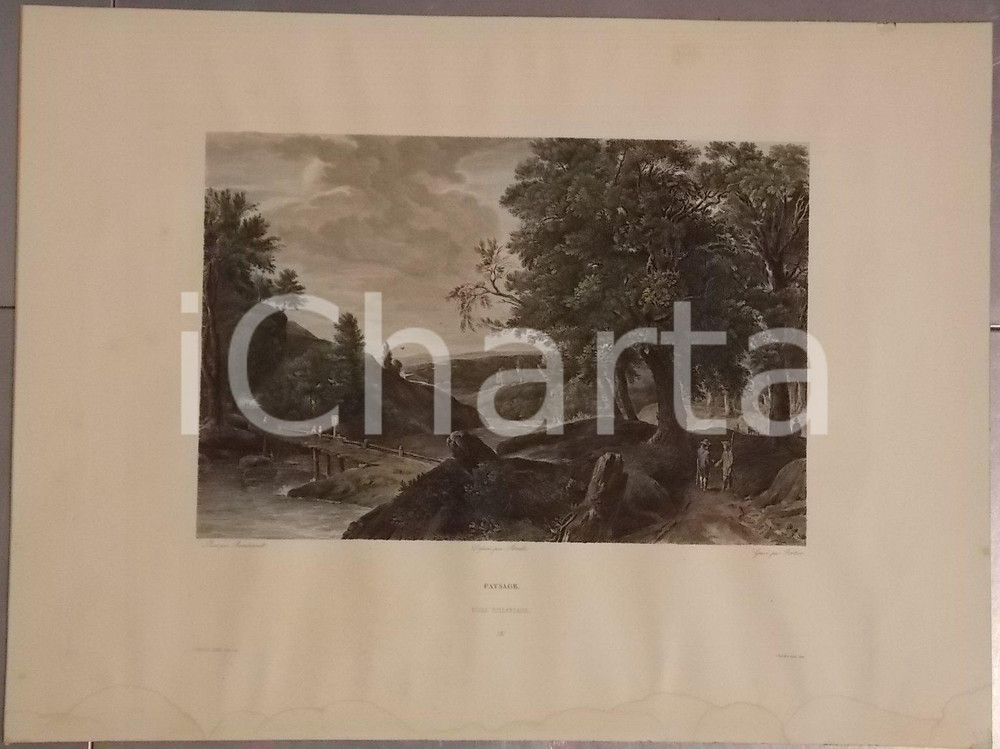 Stampa, bozzetto originale 1860 ca GENILLON Paysage Ecole hollandaise STAMPA COLORATA A MANO cm 55 x 41 1