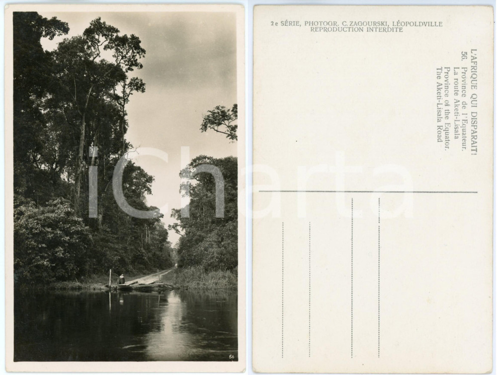 1930 ca C. ZAGOURSKI «L'Afrique qui disparaît» Route AKETI-LISALA ^Postcard n.56  Fotocartolina postale d'epoca, appartenente alla 2^ serie &laquo;L'Afrique qui dispara&icirc;t&raquo; del fotografo Casimir Zagourski (L&eacute;opoldville).N&deg; 56, non viaggiata.CONDIZIONI: GFORMATO: 9x14 cm    originale e autentica 1
