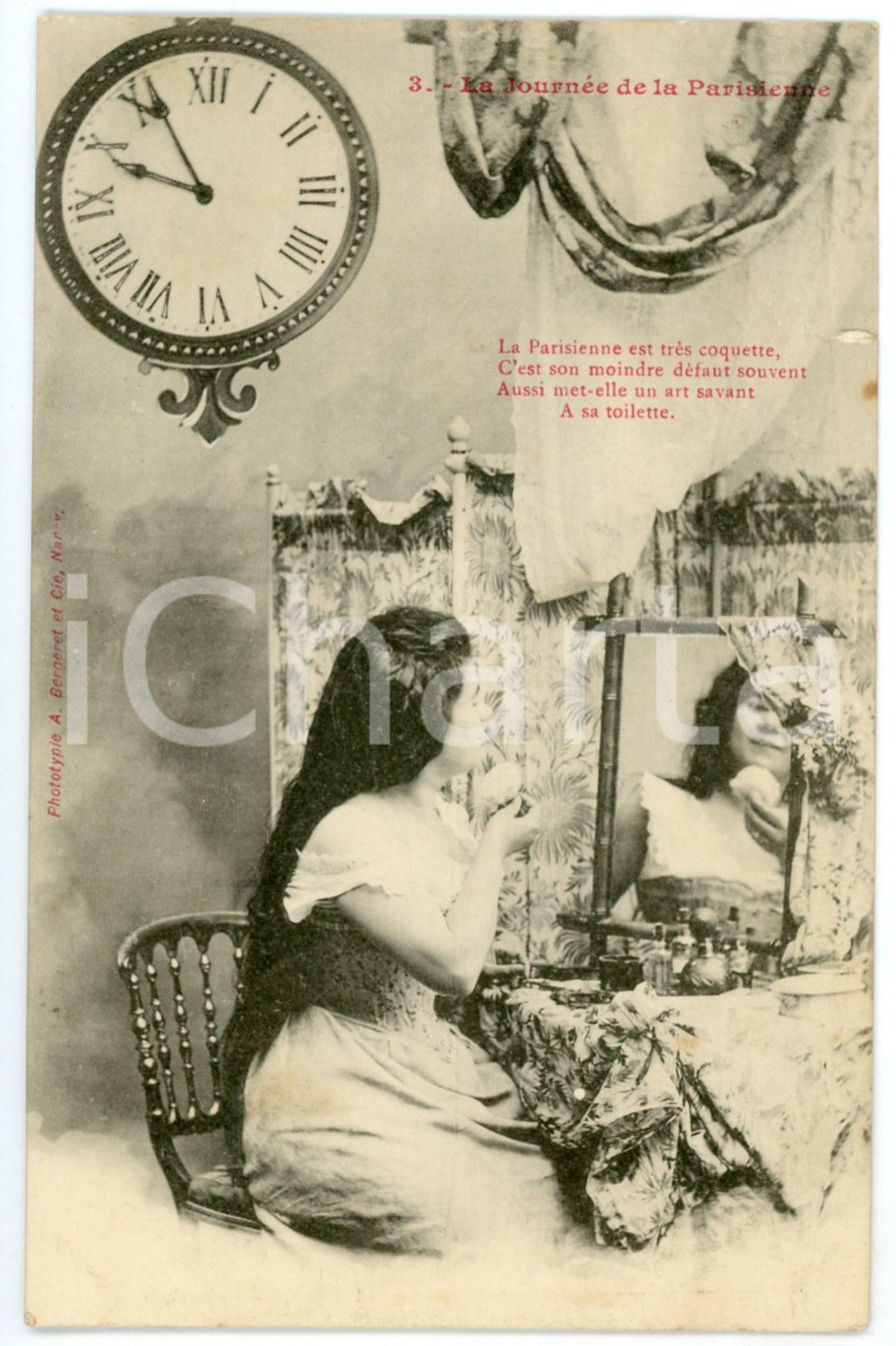 1900 ca FRANCE La journÃ©e de la Parisienne - Coquette Ã  sa toilette *Postcard 3  Cartolina postale d'epoca, viaggiata. POOR/danneggiato strappo di 1 cm al lato destro; residui solidi e macchie al verso; francobollo asportato Formato: 9x14 cm originale e autentica 1