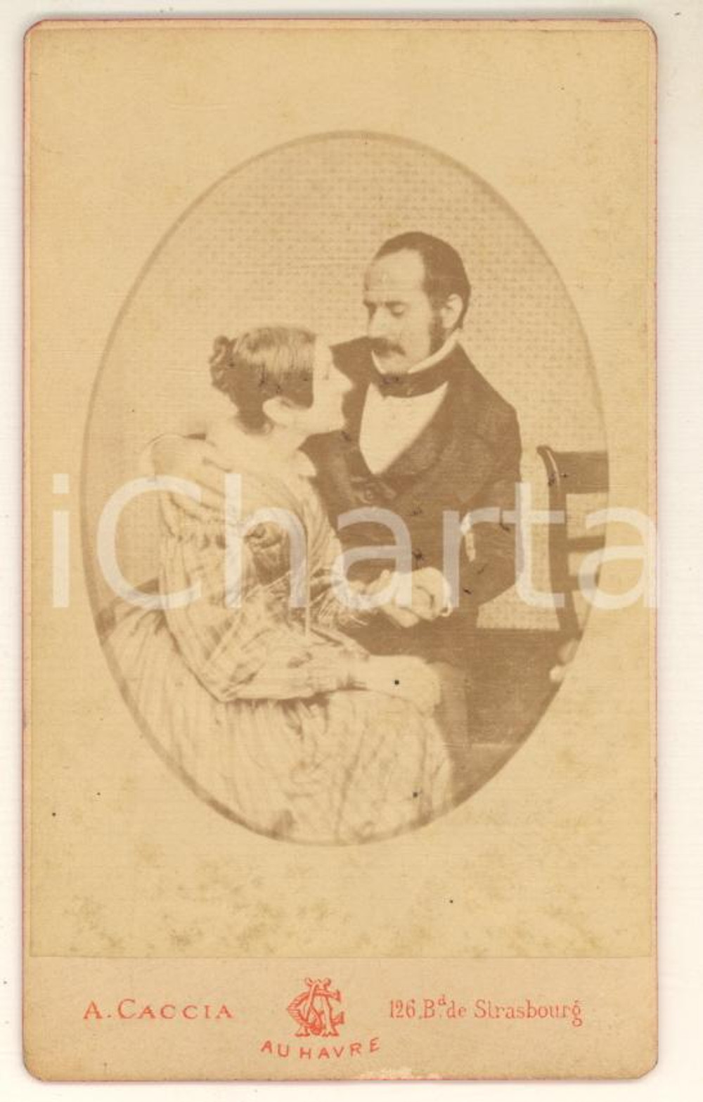 1870 ca LE HAVRE Coppia di sposi per mano - Ritratto *Foto A. CACCIA CDV Pregevole fotografia, originale d'epoca, su cartoncino rigido. FOTOGRAFO: Angelo Maria Alessio Caccia - 126 boulevard de Strasbourg, Le Havre GOOD/buono  Formato: 6x10 cm originale e autentica 1